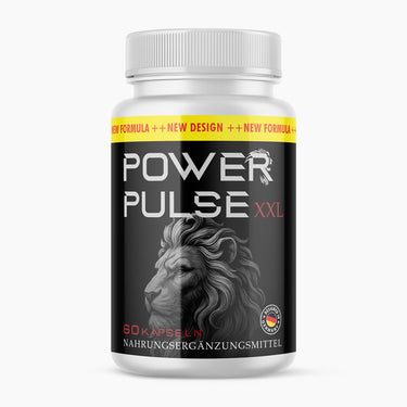 Kunststoffdose mit Schrift Power Pulse XXL und Löwenmotiv auf schwarzem Etikett, 60 Kapseln